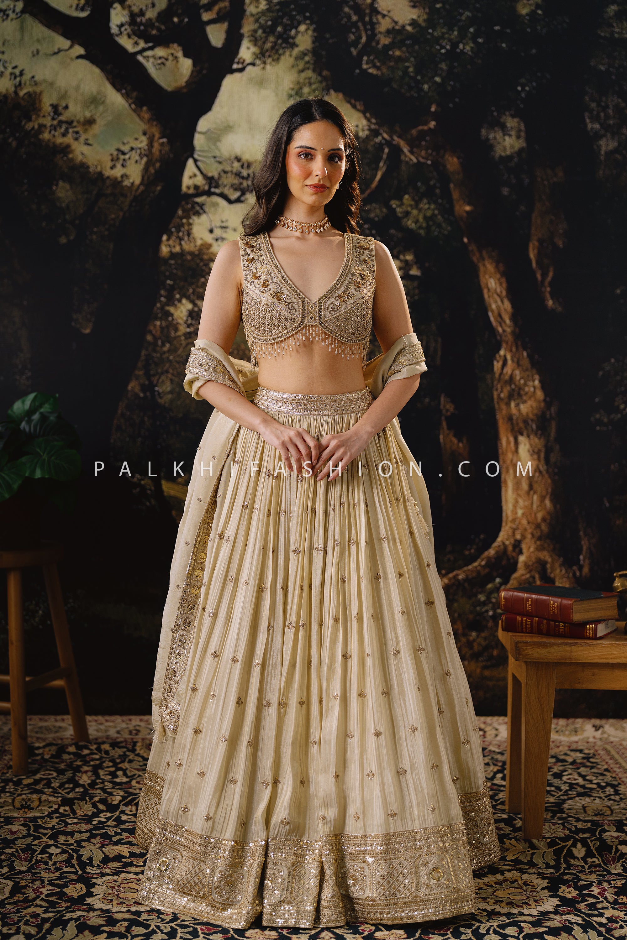 Moonlit Regal | Ivory Embellished Lehenga Choli with Handwork Blouse | Palkhi Fashion