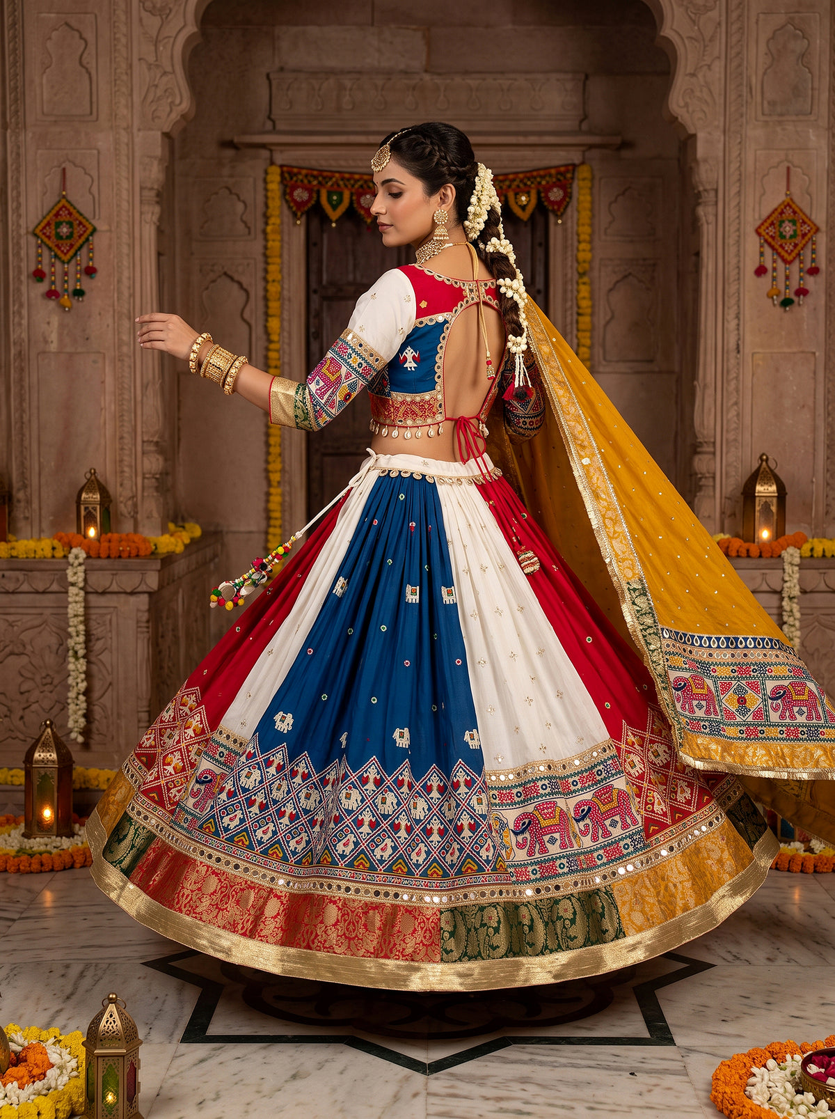 Festive Radiance | Multi-Color Patola Print Navratri Lehenga Choli with Mirror & Embroidery Work | Palkhi Fashion