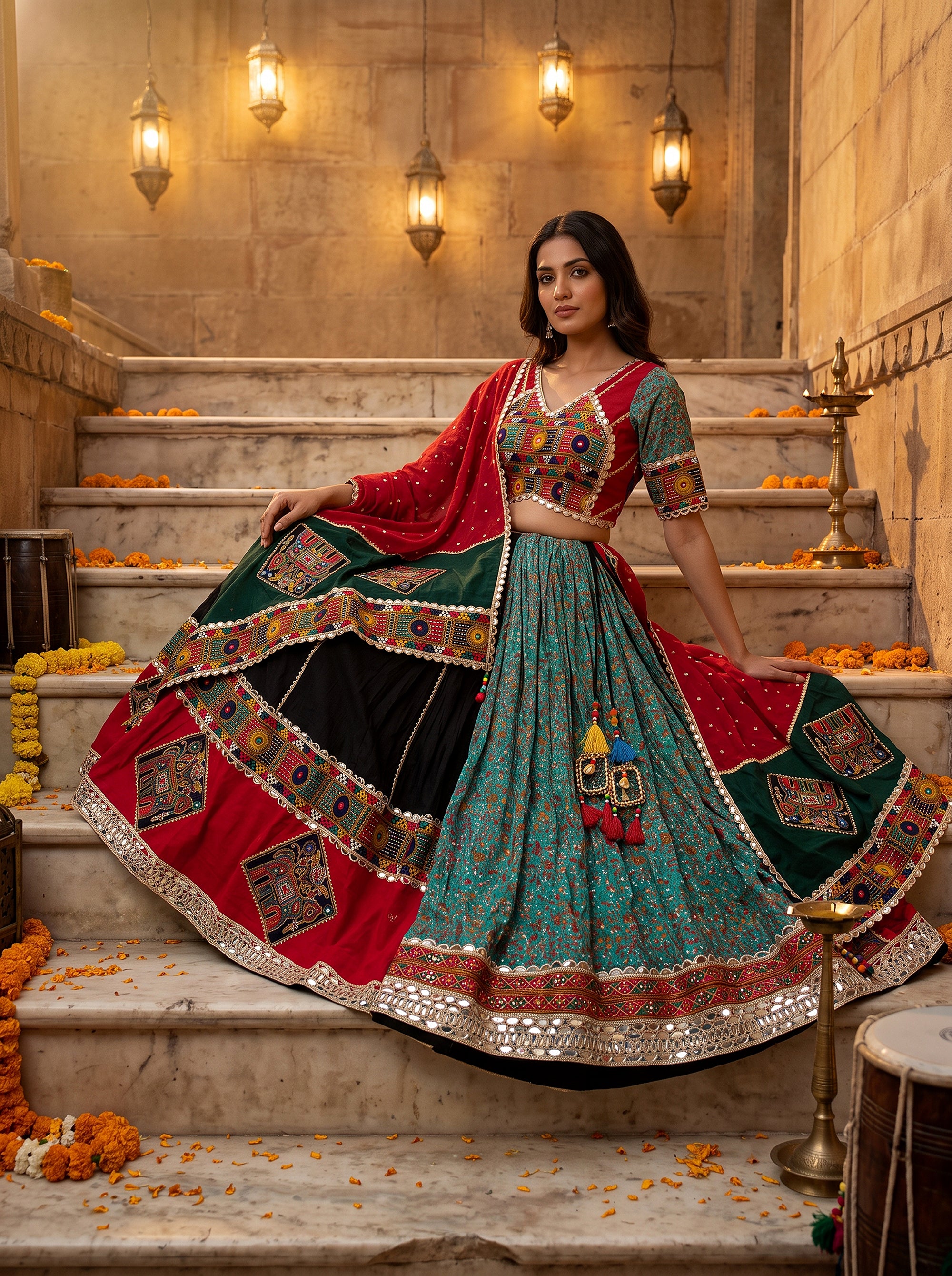 Festive Vibrance | Multi-Color Patchwork Cotton Chaniya Choli with Kutchi Mirror Work | Palkhi Fashion