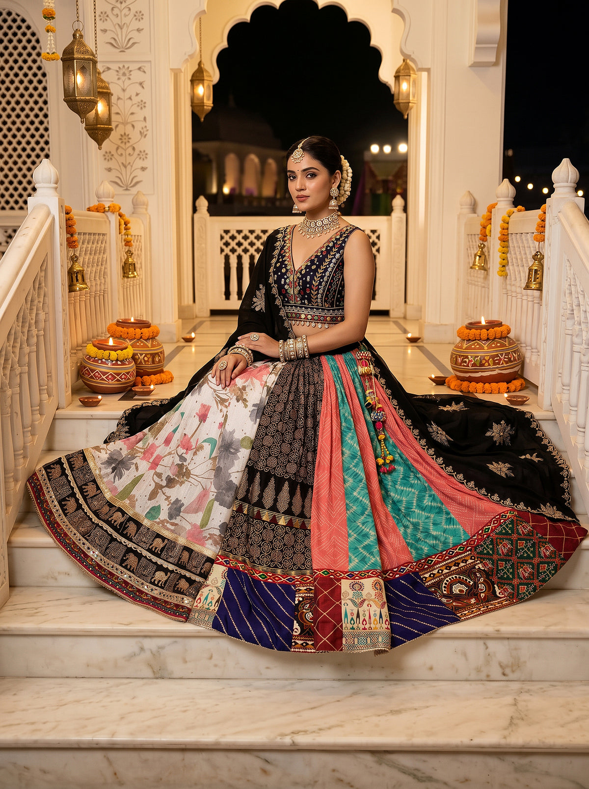 Vibrant Festivity | Multicolor Panelled Navratri Chaniya Choli with Mirror Work | Palkhi Fashion