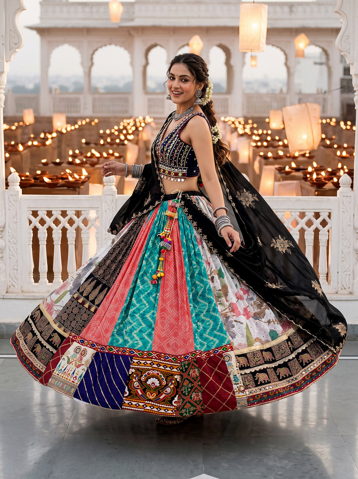 Vibrant Festivity | Multicolor Panelled Navratri Chaniya Choli with Mirror Work | Palkhi Fashion