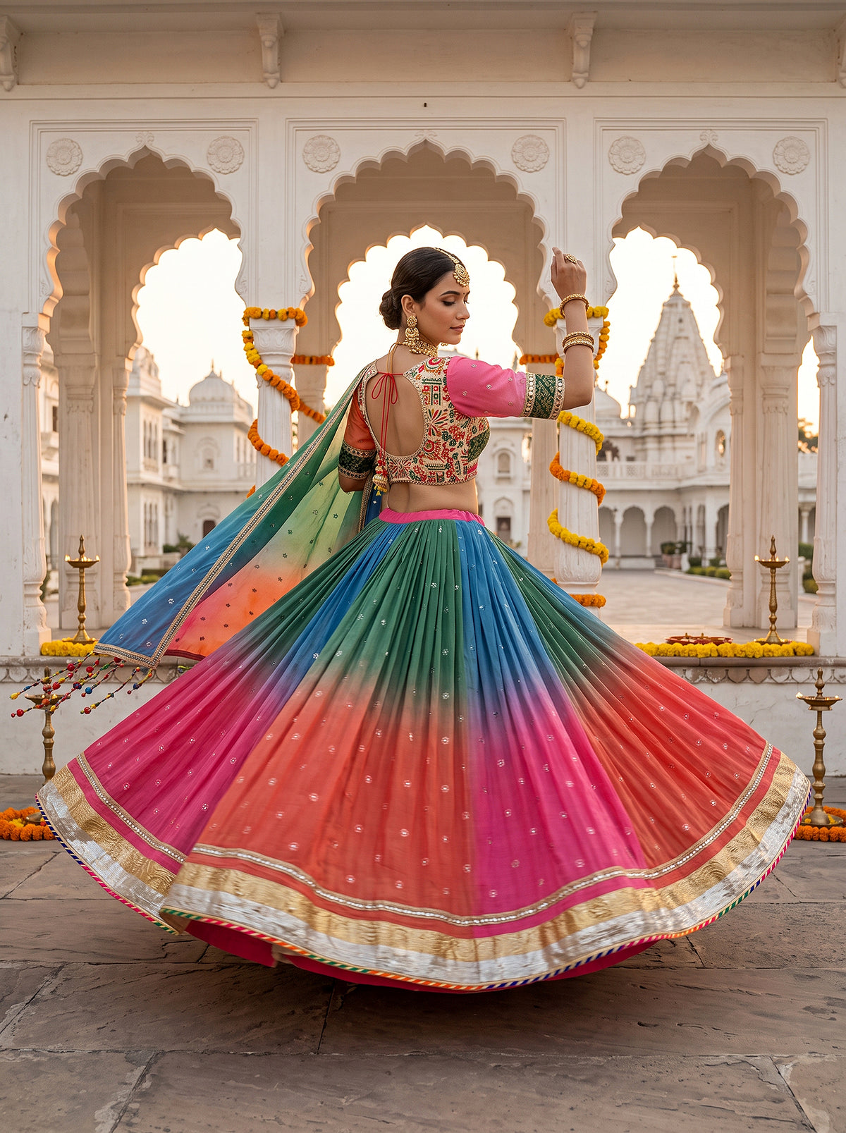 Radiant Festivity | Designer Multicolor Mirror Work Haldi Lehenga Choli | Palkhi Fashion