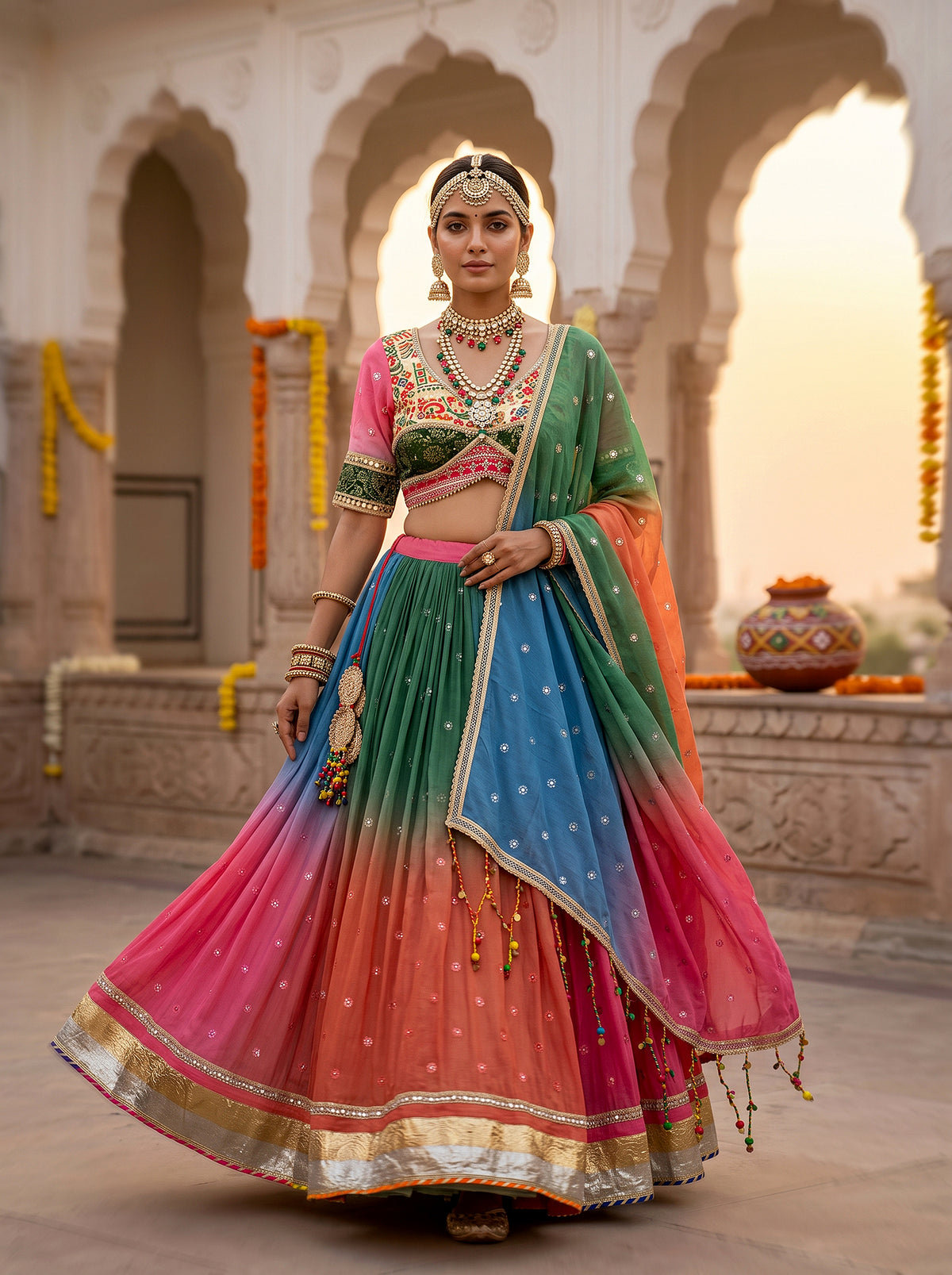 Radiant Festivity | Designer Multicolor Mirror Work Haldi Lehenga Choli | Palkhi Fashion