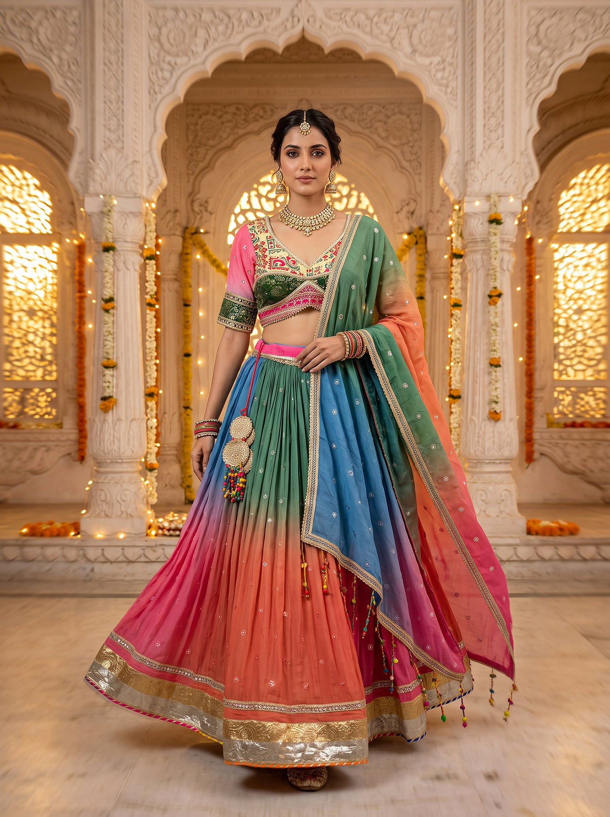 Radiant Festivity | Designer Multicolor Mirror Work Haldi Lehenga Choli | Palkhi Fashion