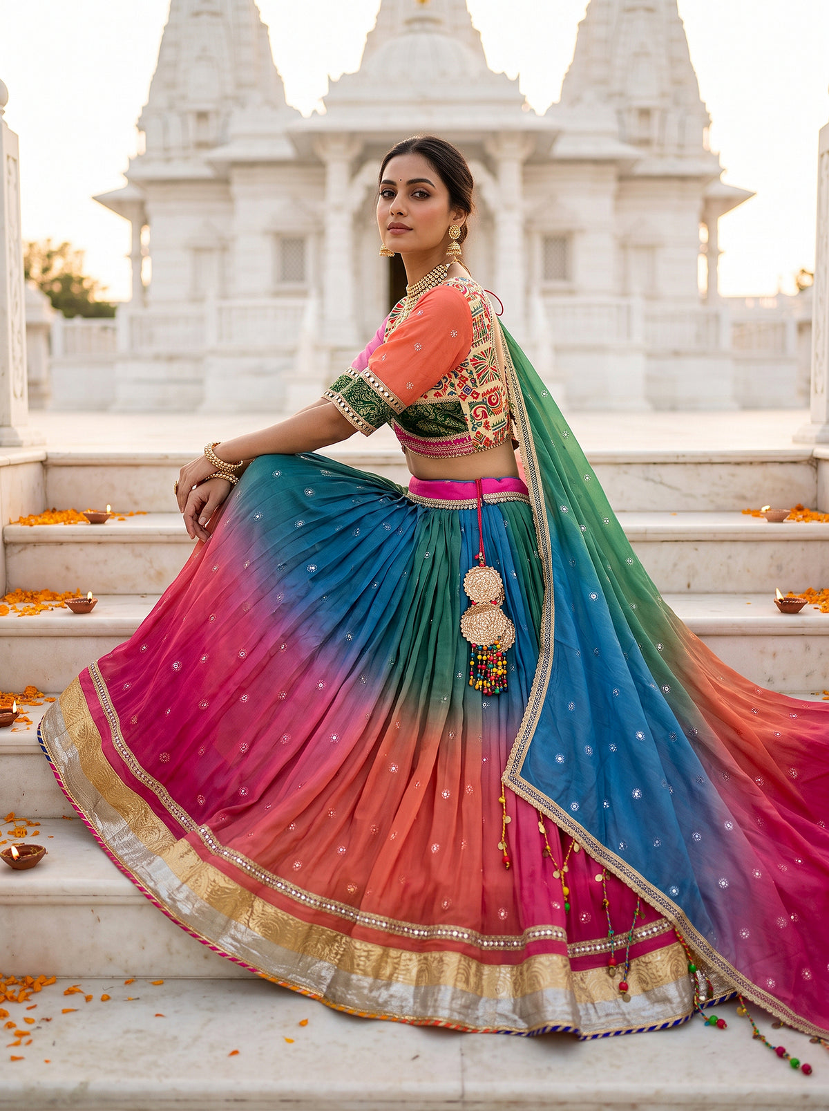 Radiant Festivity | Designer Multicolor Mirror Work Haldi Lehenga Choli | Palkhi Fashion
