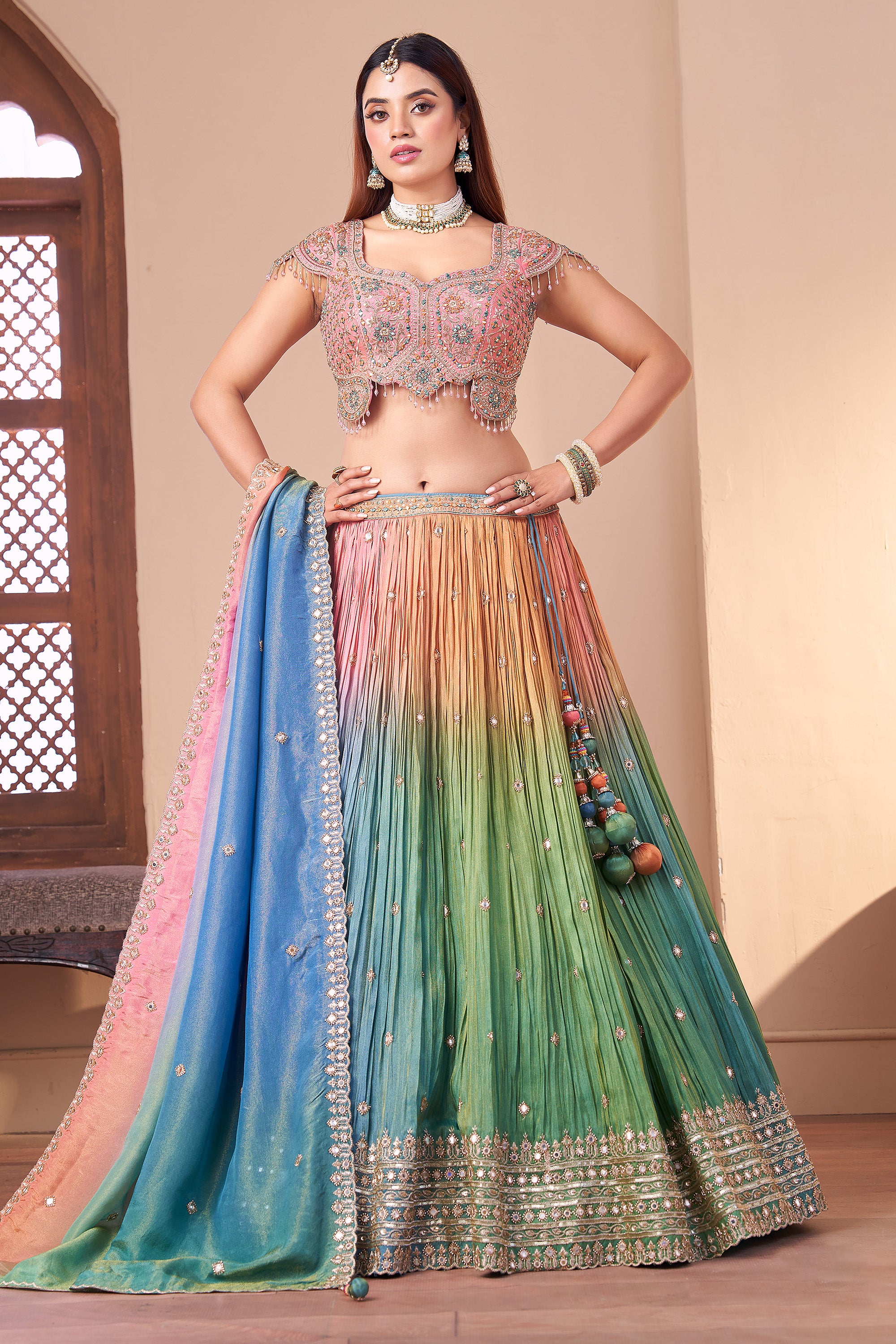 Radiance Multicolored Pastel Ombré Georgette Lehenga with Mirror Work | Palkhi Fashion