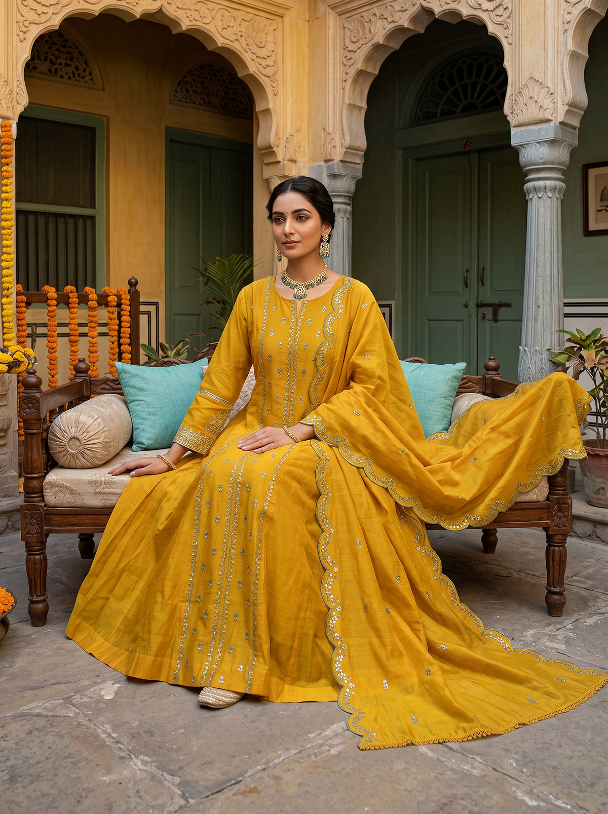 Golden Marigold | Mustard Yellow Chanderi Silk Anarkali Set with Resham Work | Palkhi Fashion