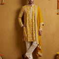 Radiant Heritage | Designer Mustard Resham Work Men's Kurta Pajama | Palkhi Fashion