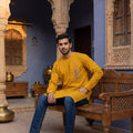 Warm Mustard Premium Men's Kurta Feather Threadwork | Palkhi Fashion