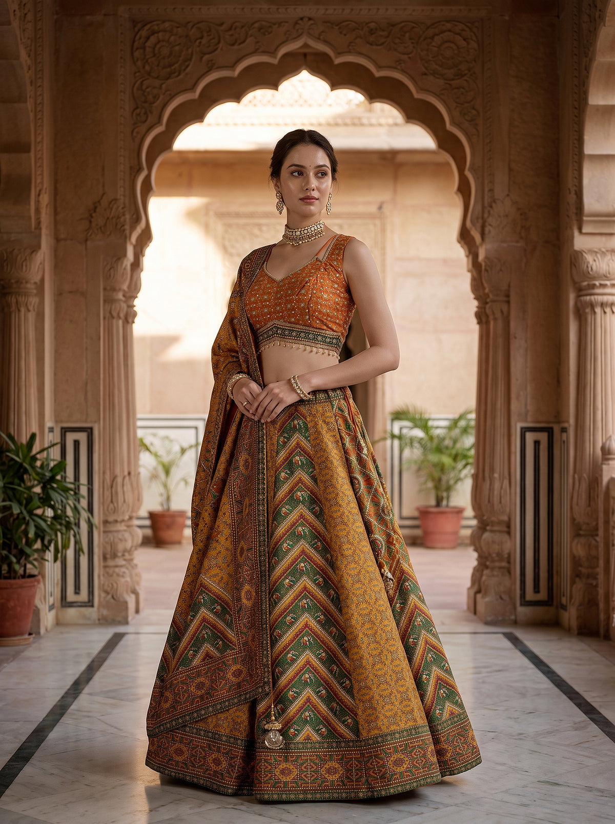 Radiant Heritage | Mustard & Rust Silk Patola Print Lehenga with Handwork Blouse | Palkhi Fashion