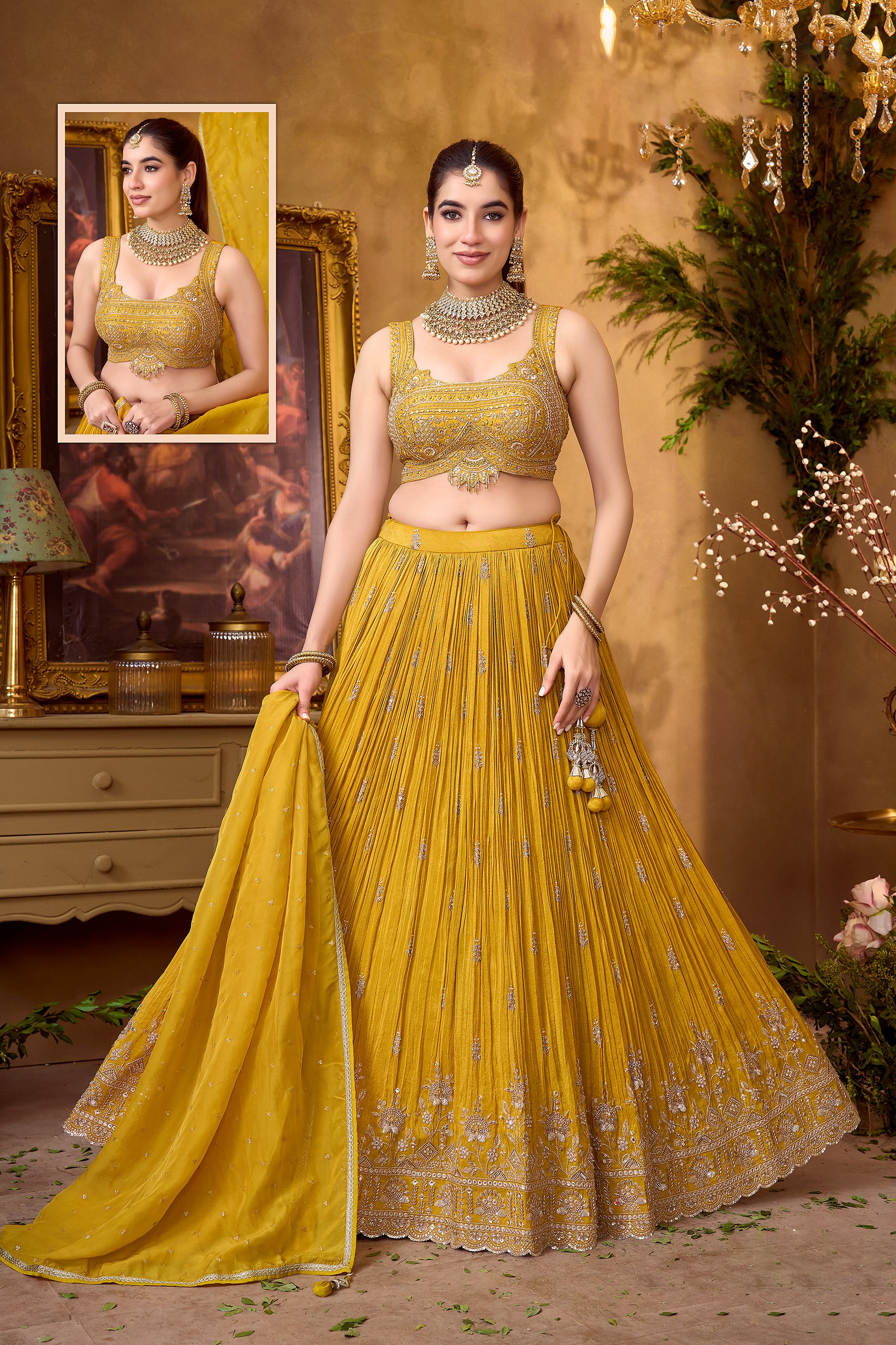 Mustard Radiance | Mustard Yellow Georgette Lehenga Choli with Beads & handwork | Palkhi Fashion