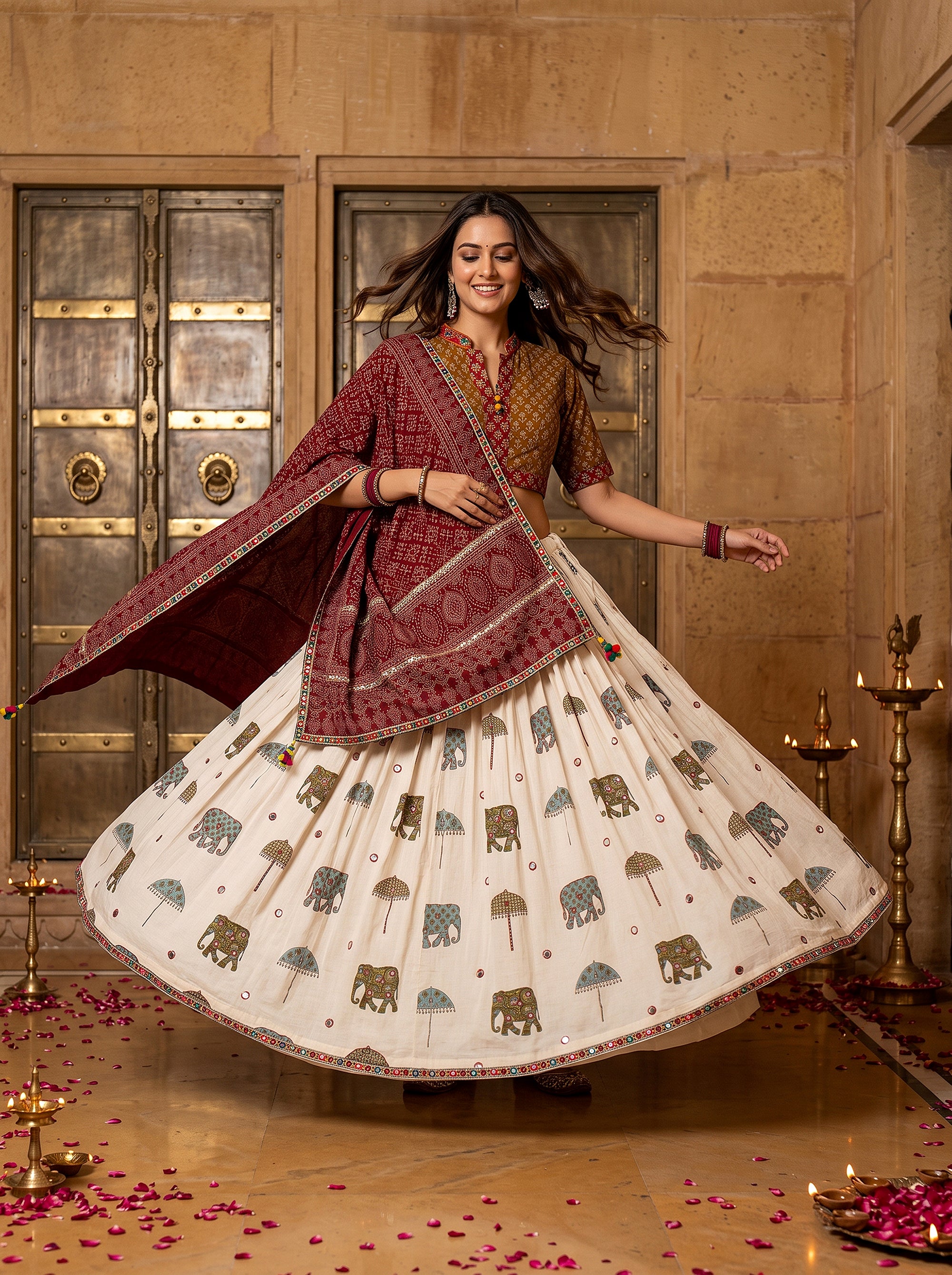 Festive Splendor | Off-White & Mustard Cotton Kalamkari Elephant Print Lehenga Set | Palkhi Fashion