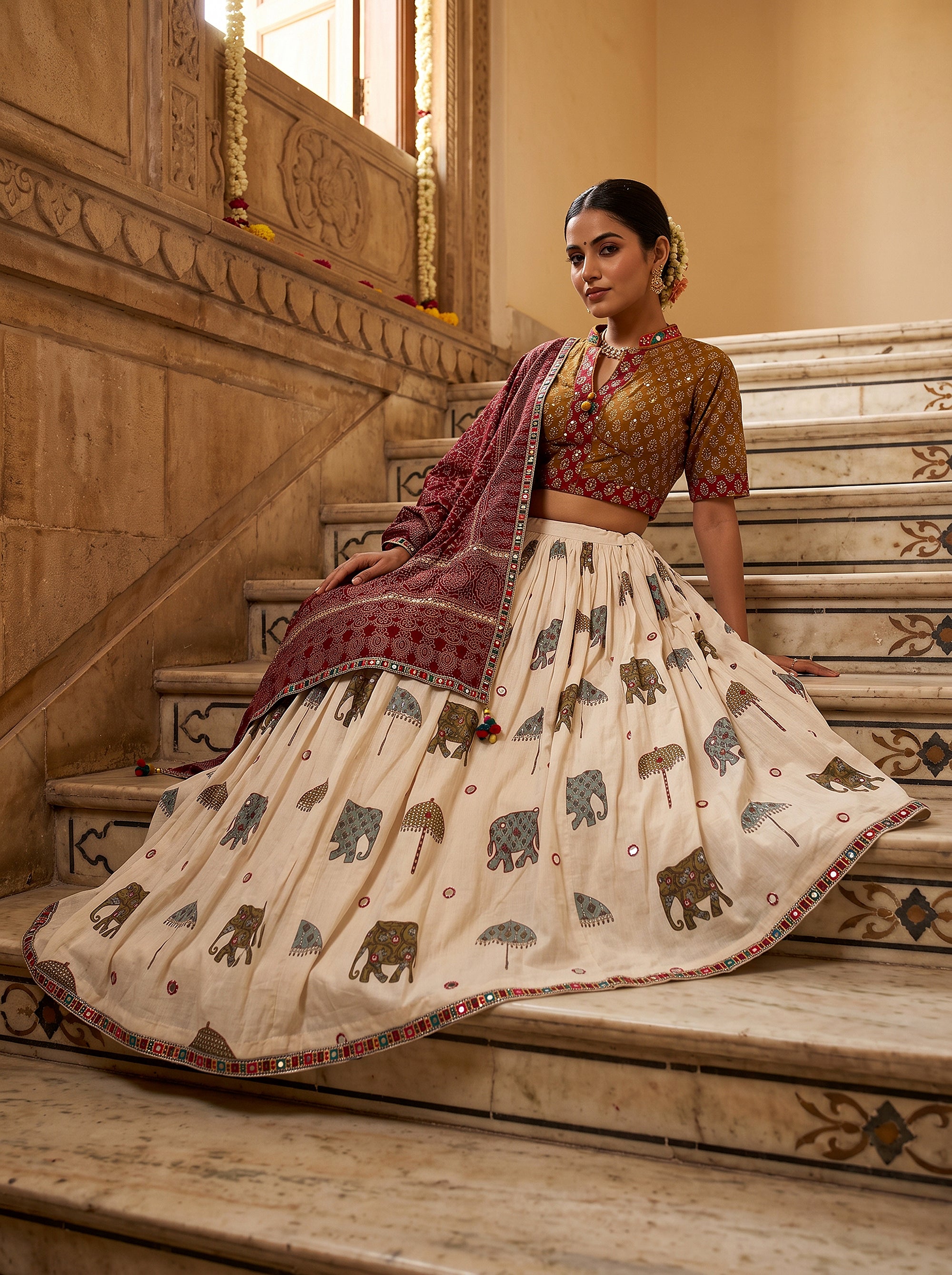 Festive Splendor | Off-White & Mustard Cotton Kalamkari Elephant Print Lehenga Set | Palkhi Fashion