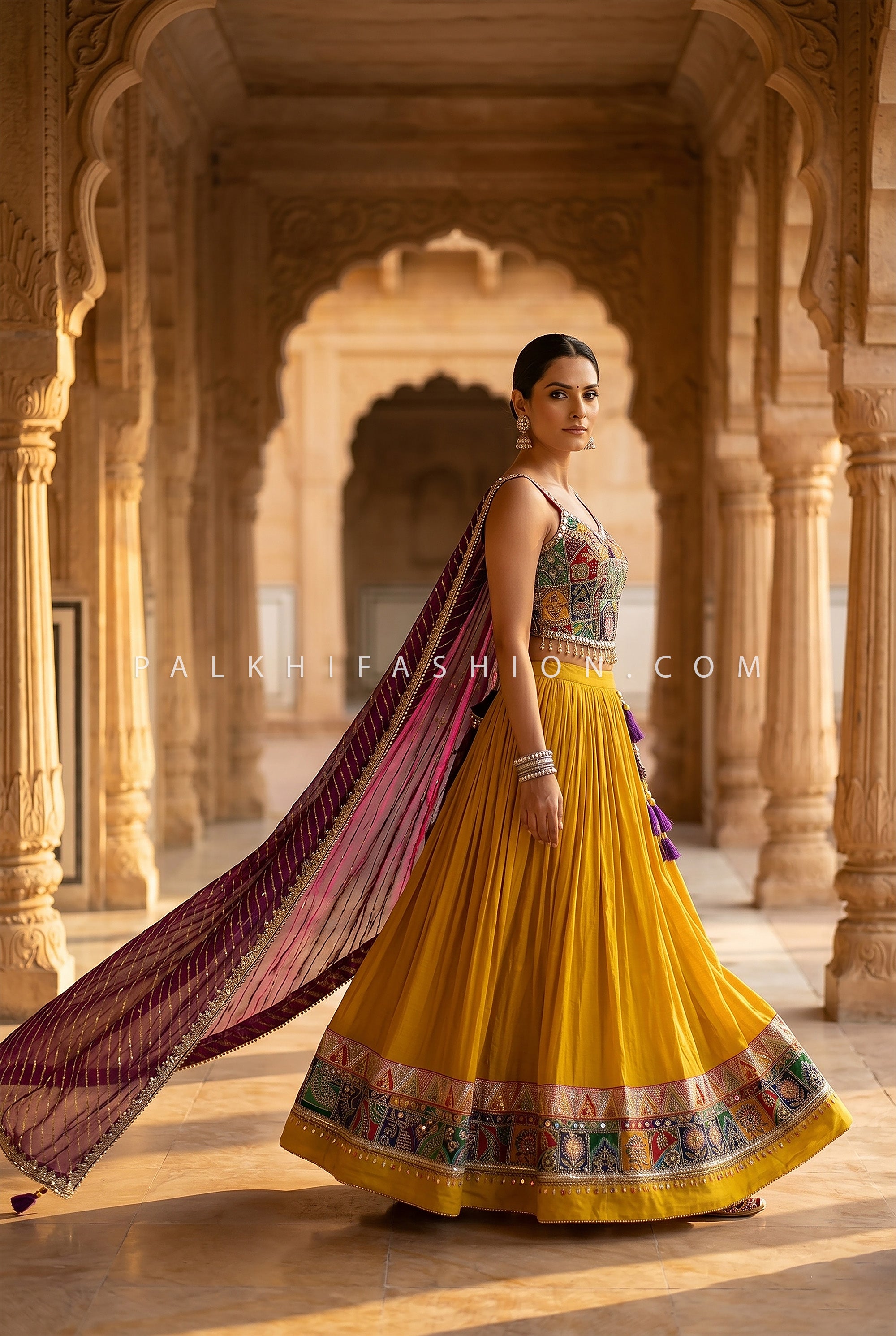 Golden Garba Glow – Mustard Yellow Designer Chaniya Choli with Corset Handwork Top | Palkhi Fashion