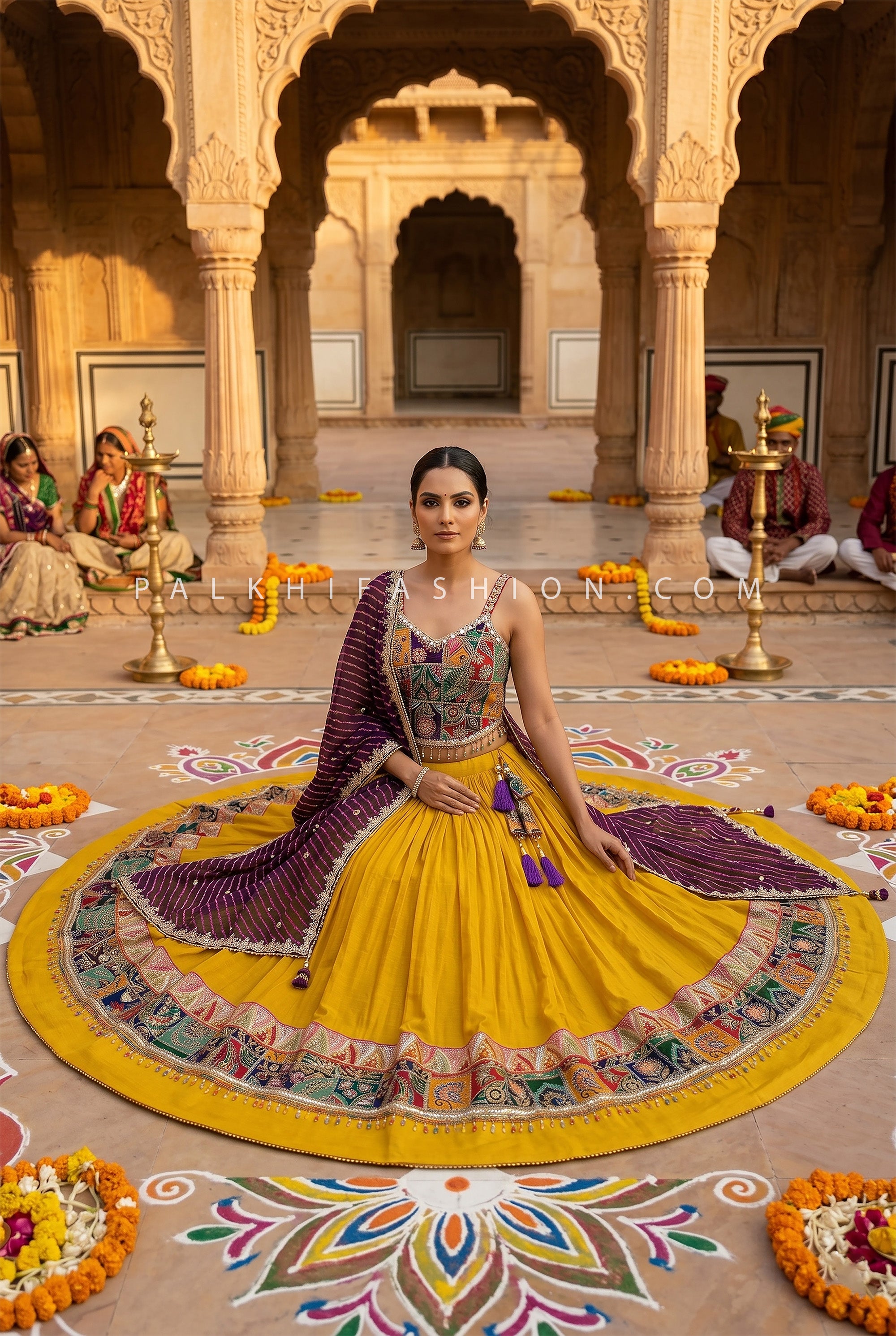 Golden Garba Glow – Mustard Yellow Designer Chaniya Choli with Corset Handwork Top | Palkhi Fashion