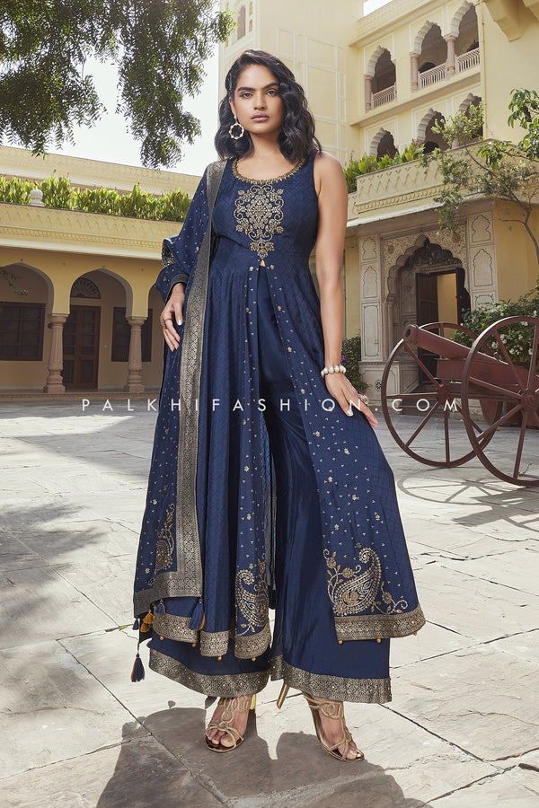Navy-blue Designer Palazzo Outfit With Silk Dupatta