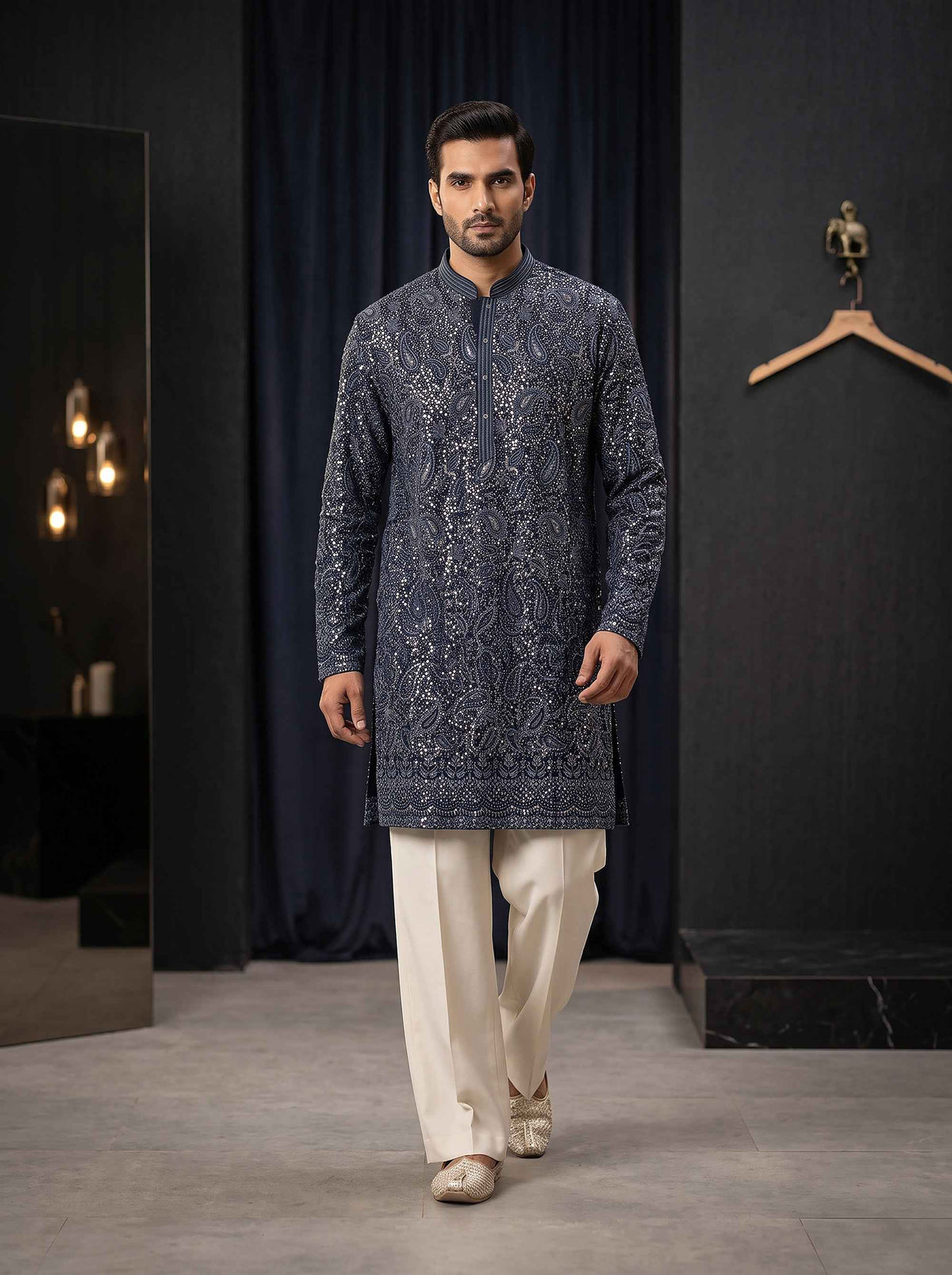 Midnight Majesty | Navy Blue Georgette Chikankari Mens Kurta Set with Sequin Work | Palkhi Fashion