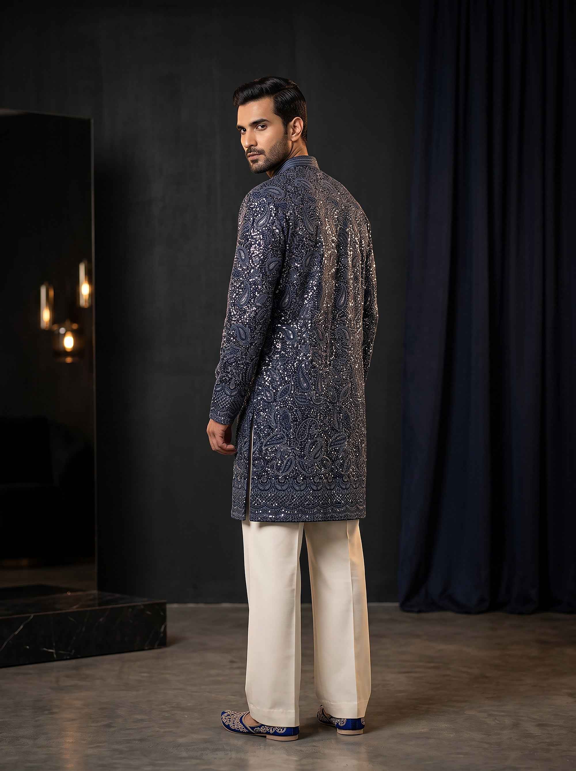 Midnight Majesty | Navy Blue Georgette Chikankari Mens Kurta Set with Sequin Work | Palkhi Fashion