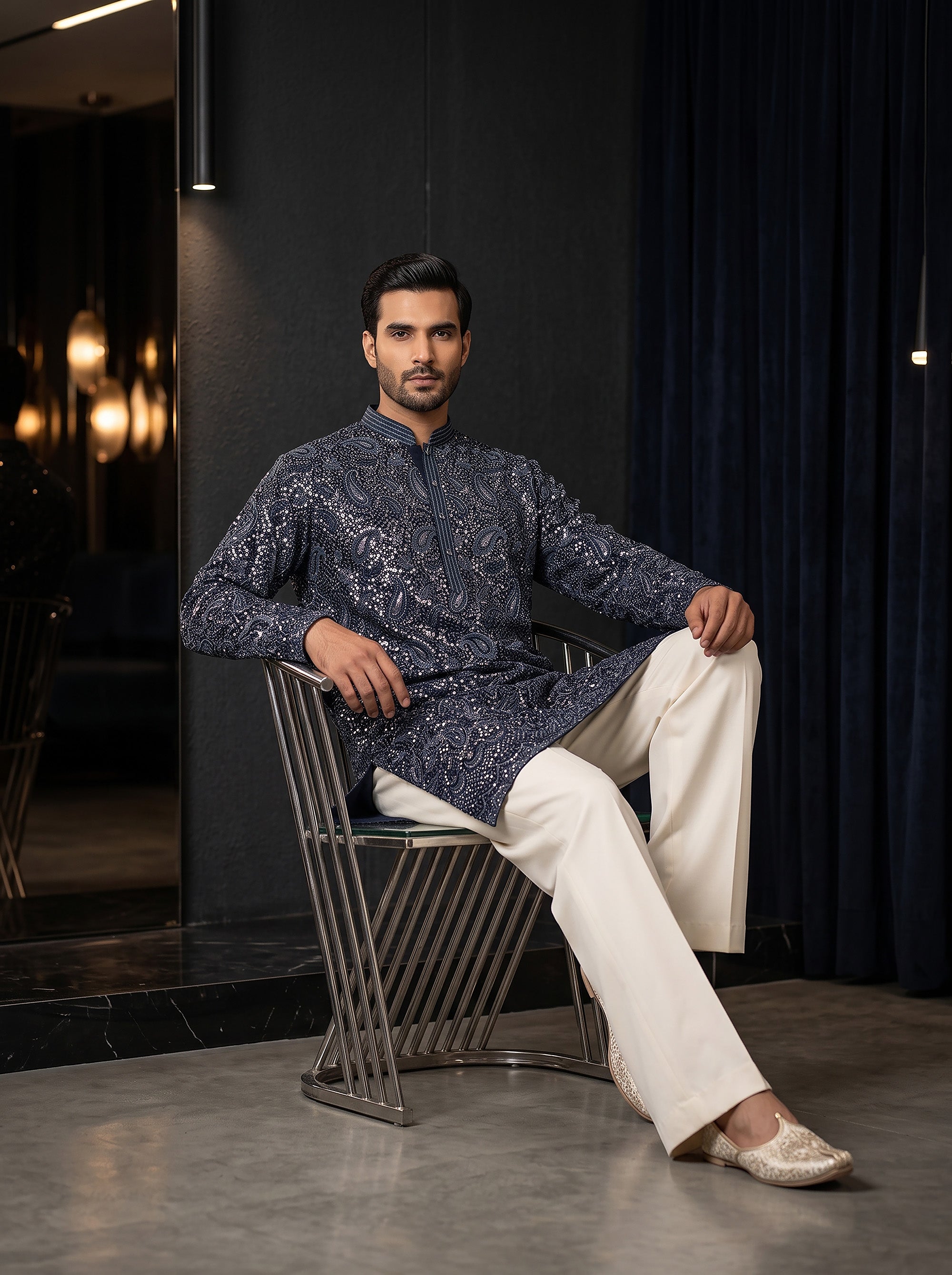 Midnight Majesty | Navy Blue Georgette Chikankari Mens Kurta Set with Sequin Work | Palkhi Fashion