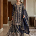 Midnight Majesty | Navy Blue Embroidered Slit Kurta Palazzo Suit | Palkhi Fashion