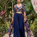 Midnight Bloom | Navy Blue Floral Georgette Indo-Western Cape Set | Palkhi Fashion