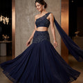 Midnight Radiance | Navy Blue Georgette & Silk Blend One-Shoulder Lehenga Set with Silver Cutdana Work | Palkhi Fashion