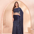 Midnight Glamour | Navy Blue Mermaid Net Lehenga with Cutdana & Attached Dupatta | Palkhi Fashion