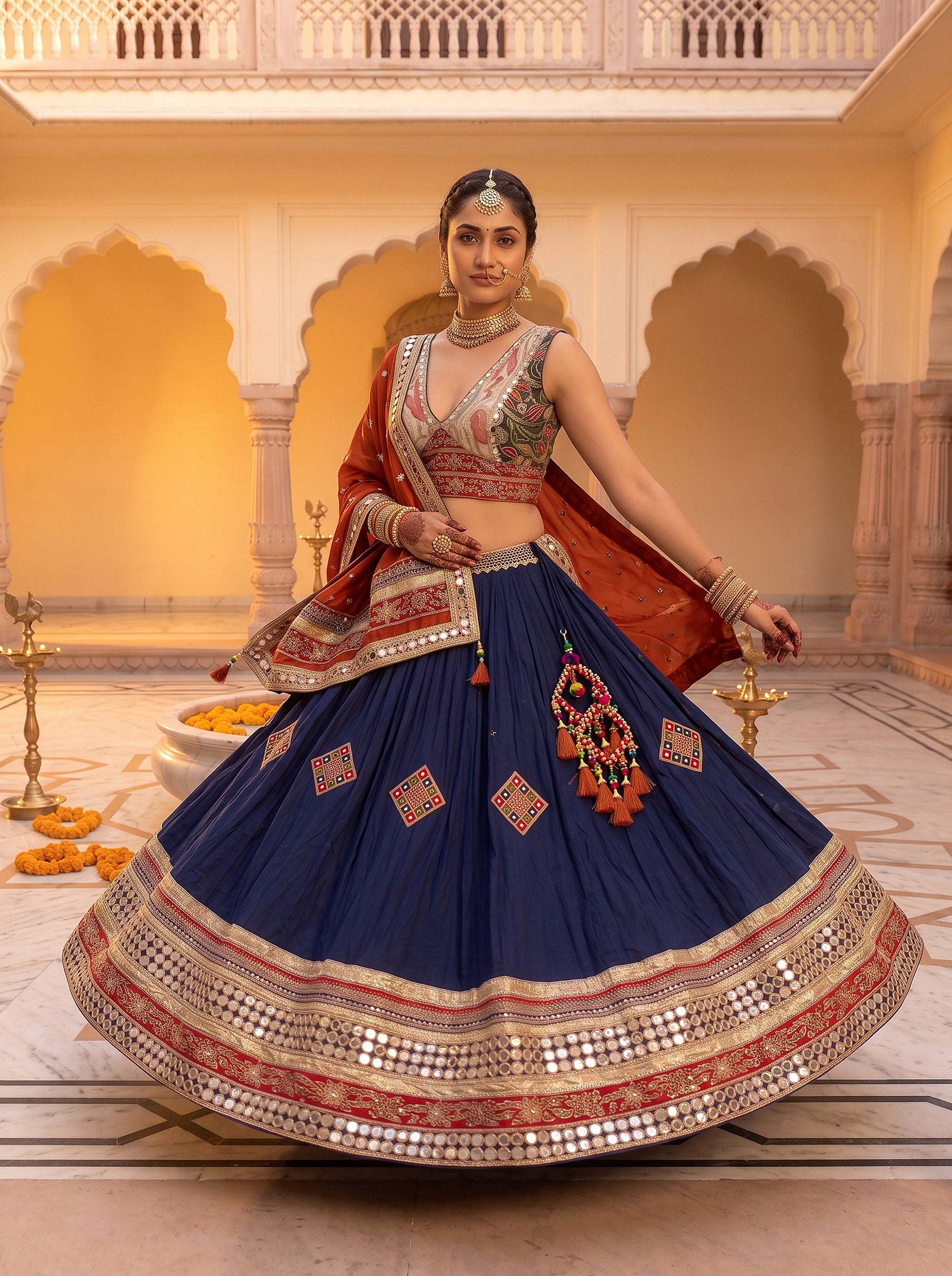 Festive Radiance | Navy Blue & Rust Silk Blend Mirrorwork Chaniya Choli | Palkhi Fashion