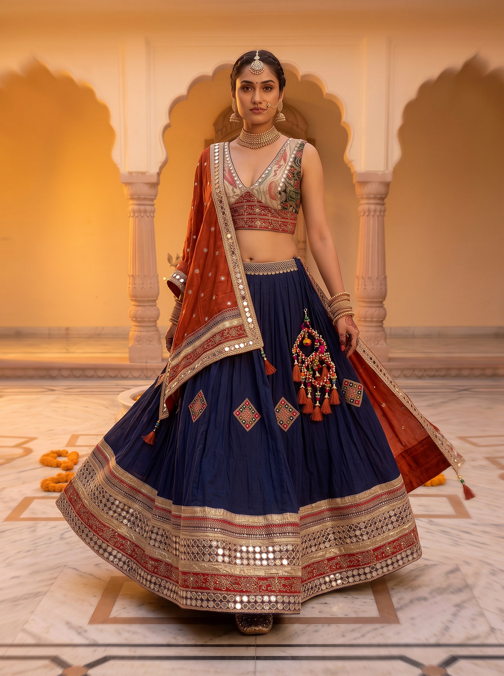 Festive Radiance | Navy Blue & Rust Silk Blend Mirrorwork Chaniya Choli | Palkhi Fashion