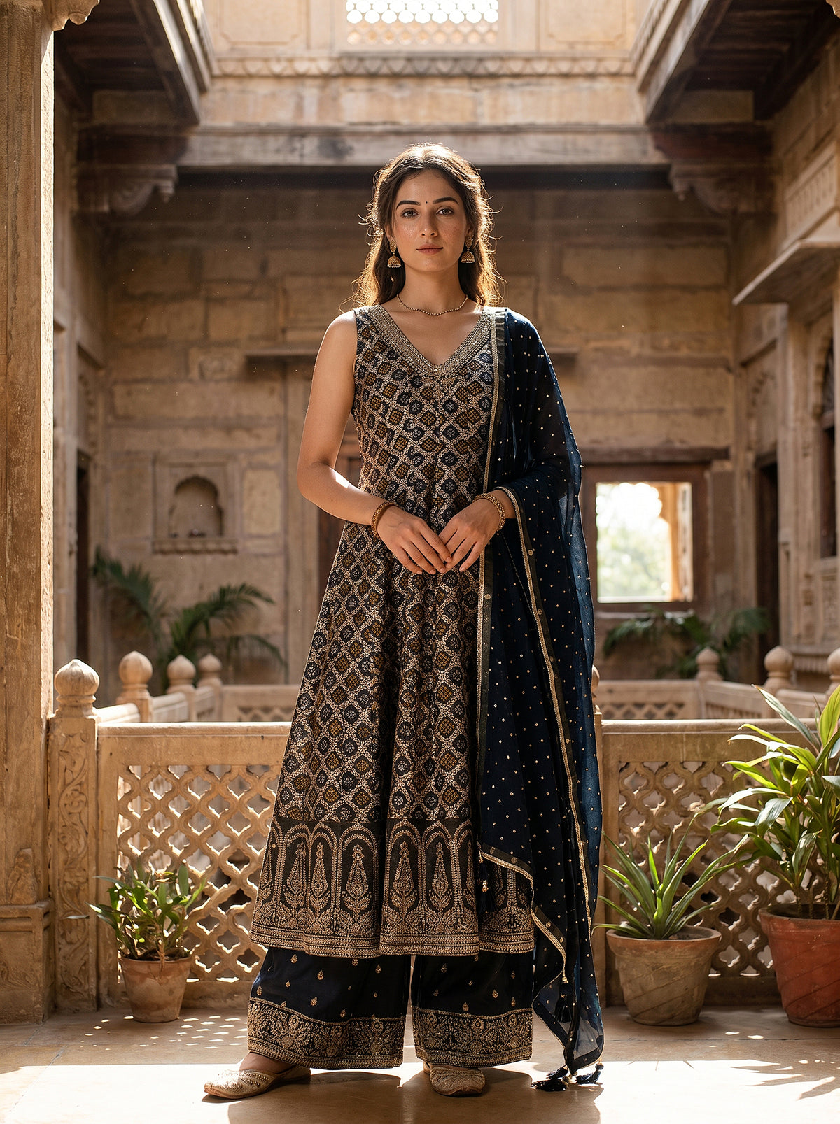 Midnight Patola | Navy Blue Anarkali Palazzo Set with Cutdana & Mirror Handwork | Palkhi Fashion