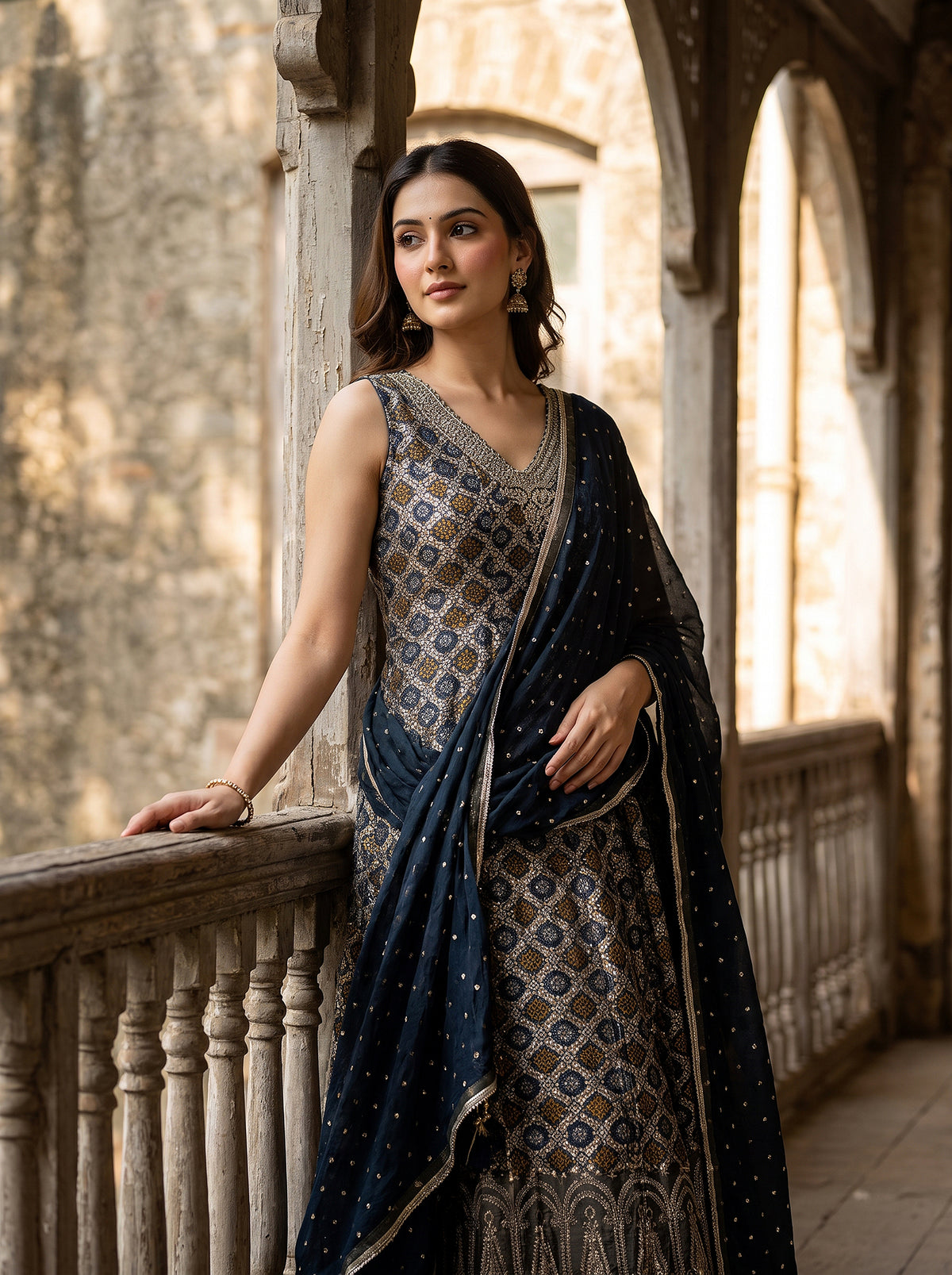 Midnight Patola | Navy Blue Anarkali Palazzo Set with Cutdana & Mirror Handwork | Palkhi Fashion