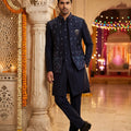 Majestic Midnight | Navy Blue Raw Silk Indo-Western Set with Resham & Mirror Work | Palkhi Fashion