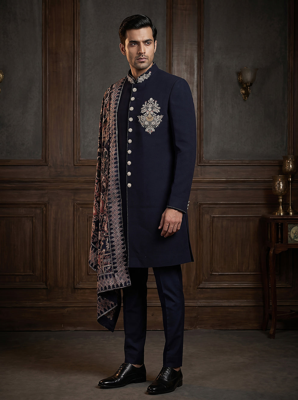 Navy Blue Raw Silk Sherwani with Zardosi Motif | Palkhi Fashion