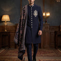 Regal Majesty | Navy Blue Raw Silk Sherwani Set with Zardosi Work & Kashmiri Shawl | Palkhi Fashion