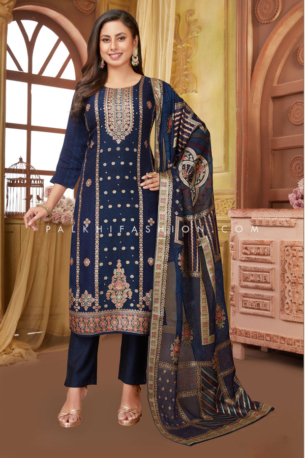 Navy Blue Soft Silk Straight-Cut Suit with Elegant Embroidery – Palkhi Fashion