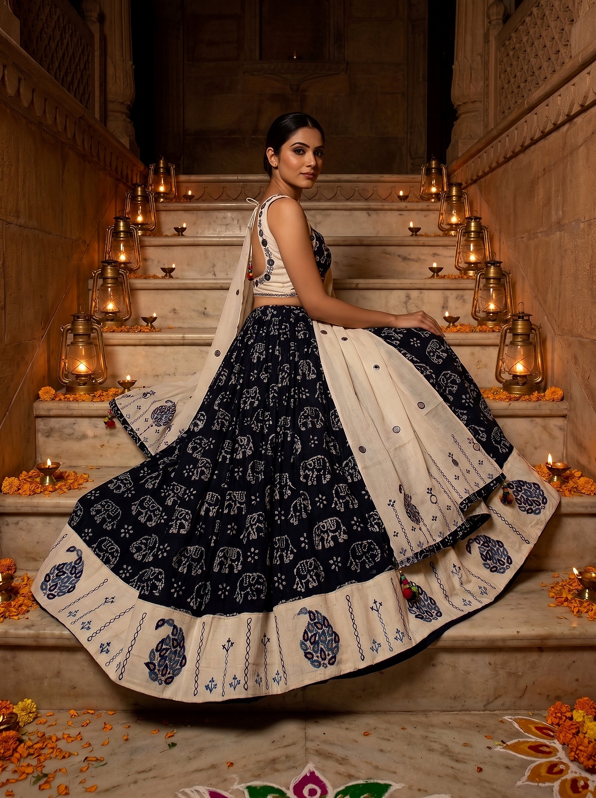 Festive Elegance | Navy Blue & Off-White Cotton Dabu Print Lehenga Choli with Mirror Work | Palkhi Fashio