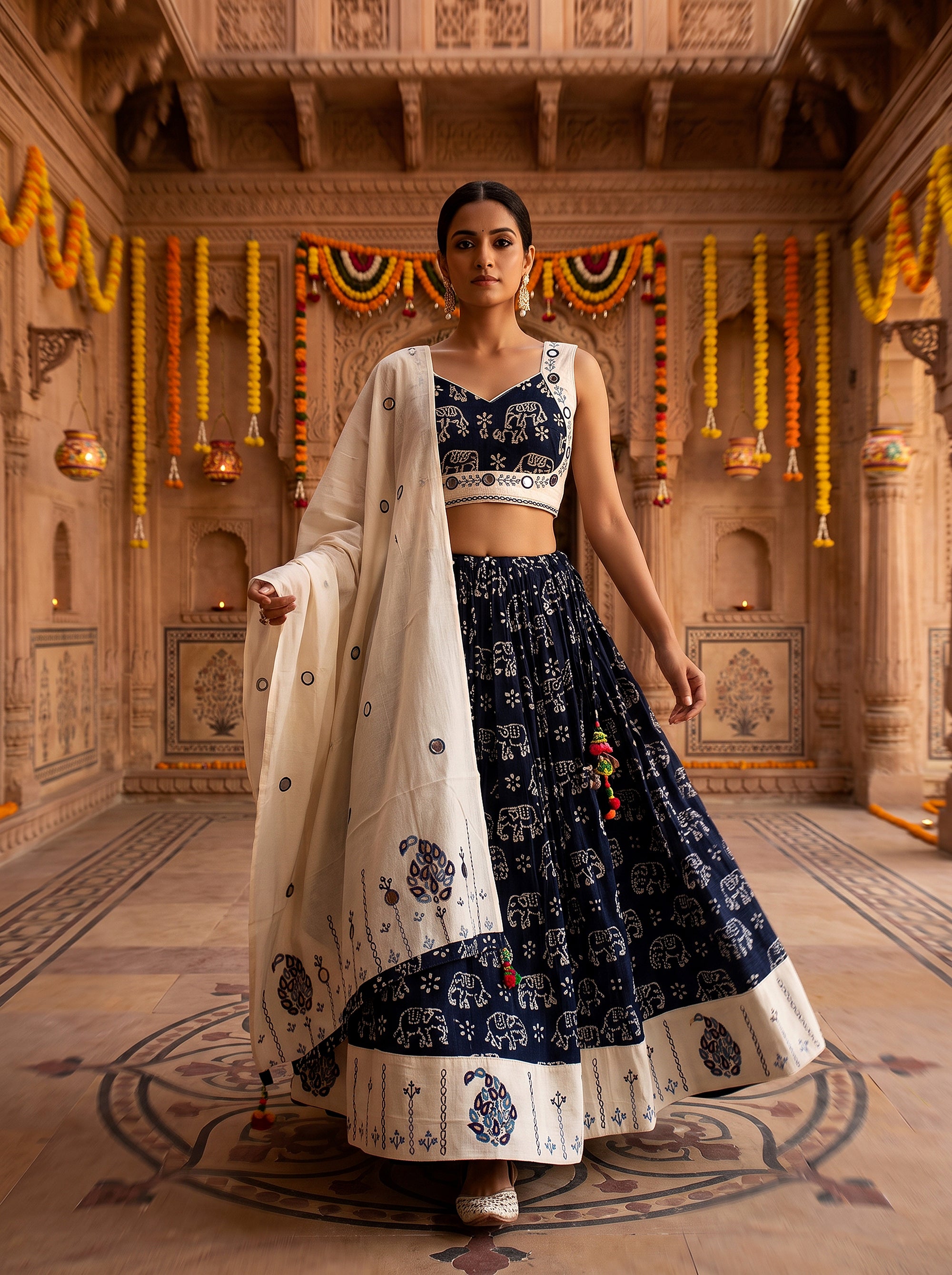 Festive Elegance | Navy Blue & Off-White Cotton Dabu Print Lehenga Choli with Mirror Work | Palkhi Fashio