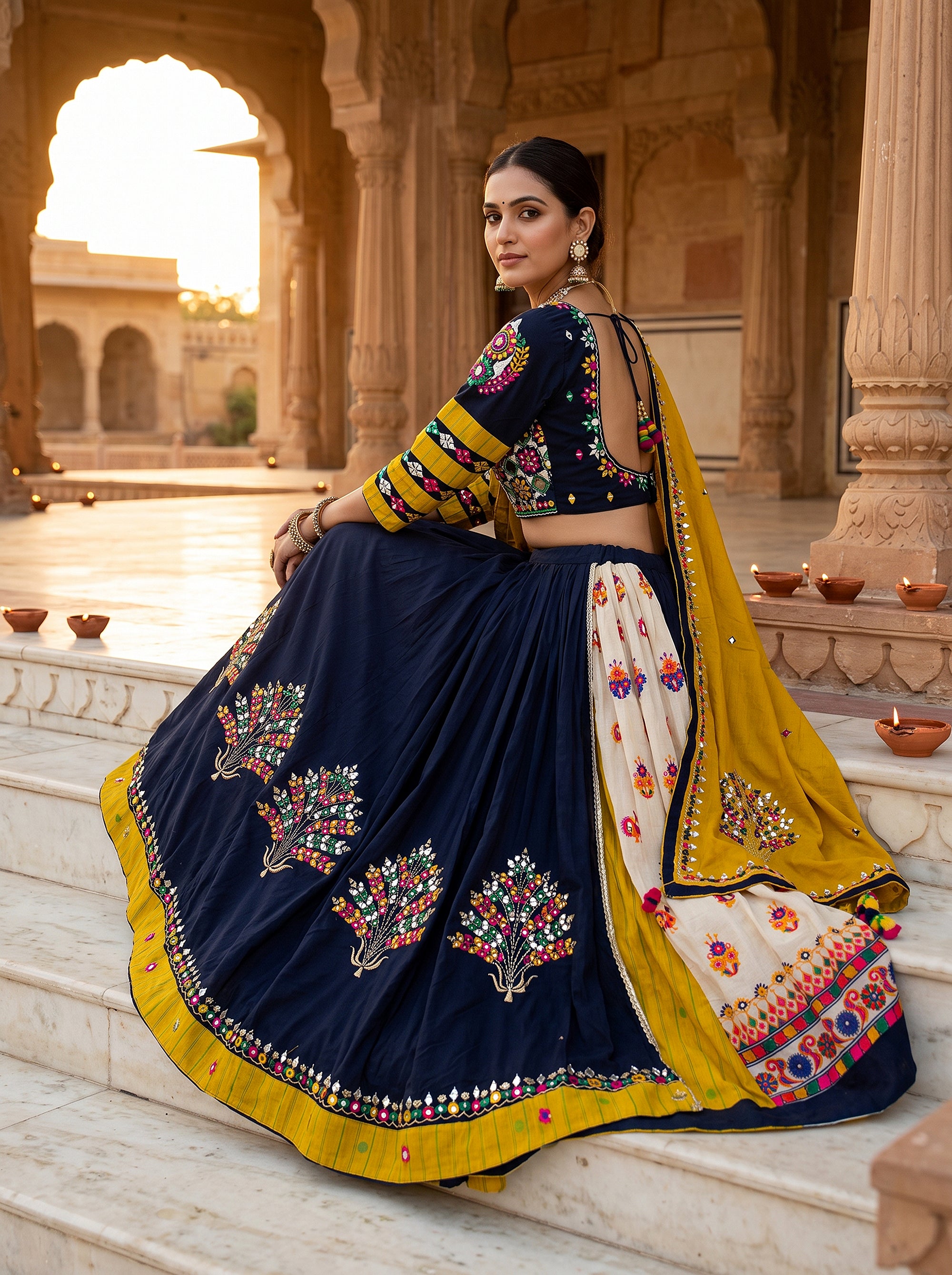 Festive Radiance | Navy & Mustard Layered Navratri Chaniya Choli with Mirror Work | Palkhi Fashion