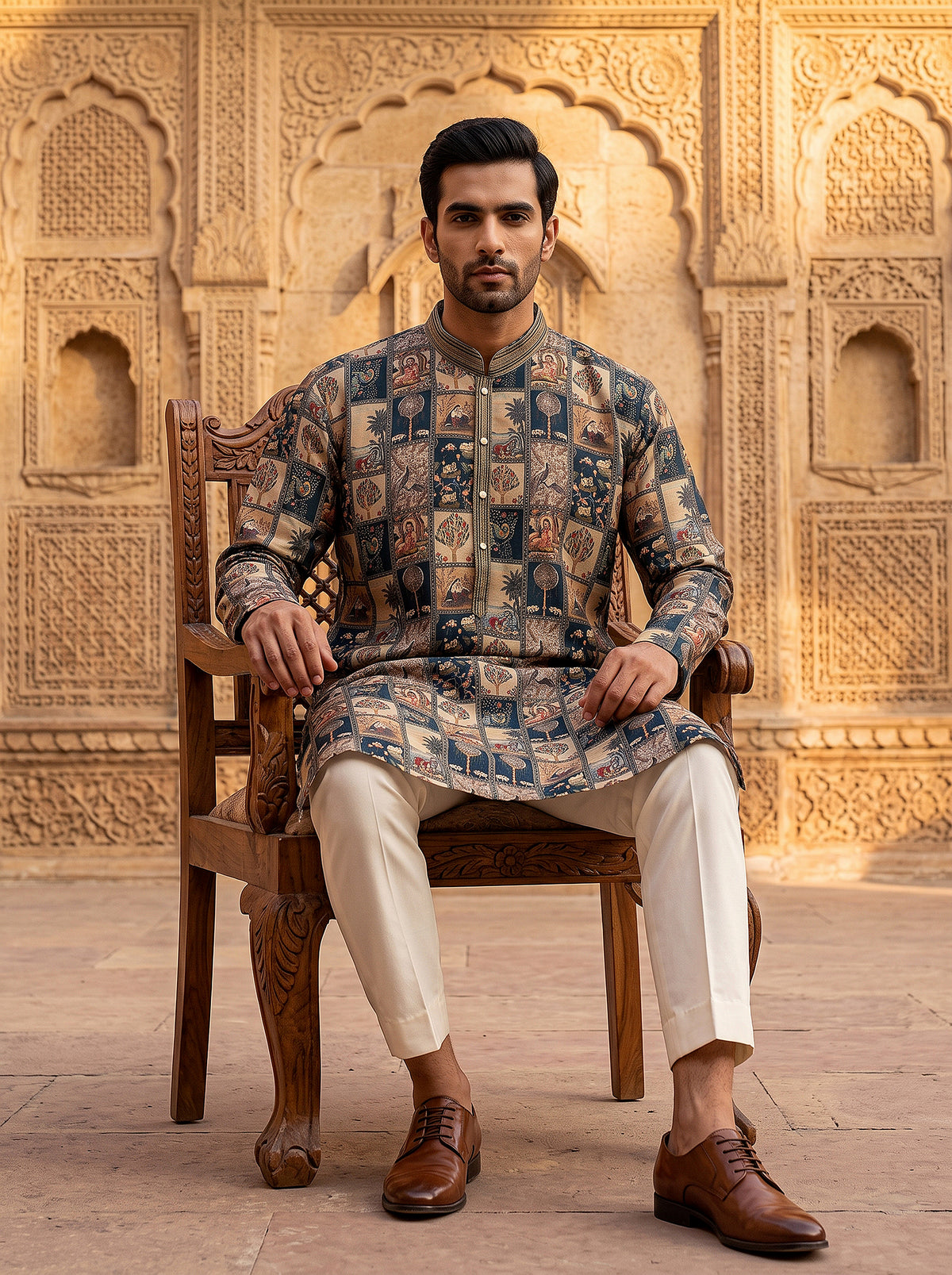 Heritage Majesty | Heritage Multicolor Printed Silk Kurta with Off-White Pants | Palkhi Fashion