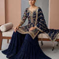 Midnight Flora | Navy Blue Embroidered Tiered Palazzo Suit | Palkhi Fashion