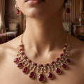 Regal CZ Teardrop Necklace Set in Ruby & Champagne | Palkhi Fashion