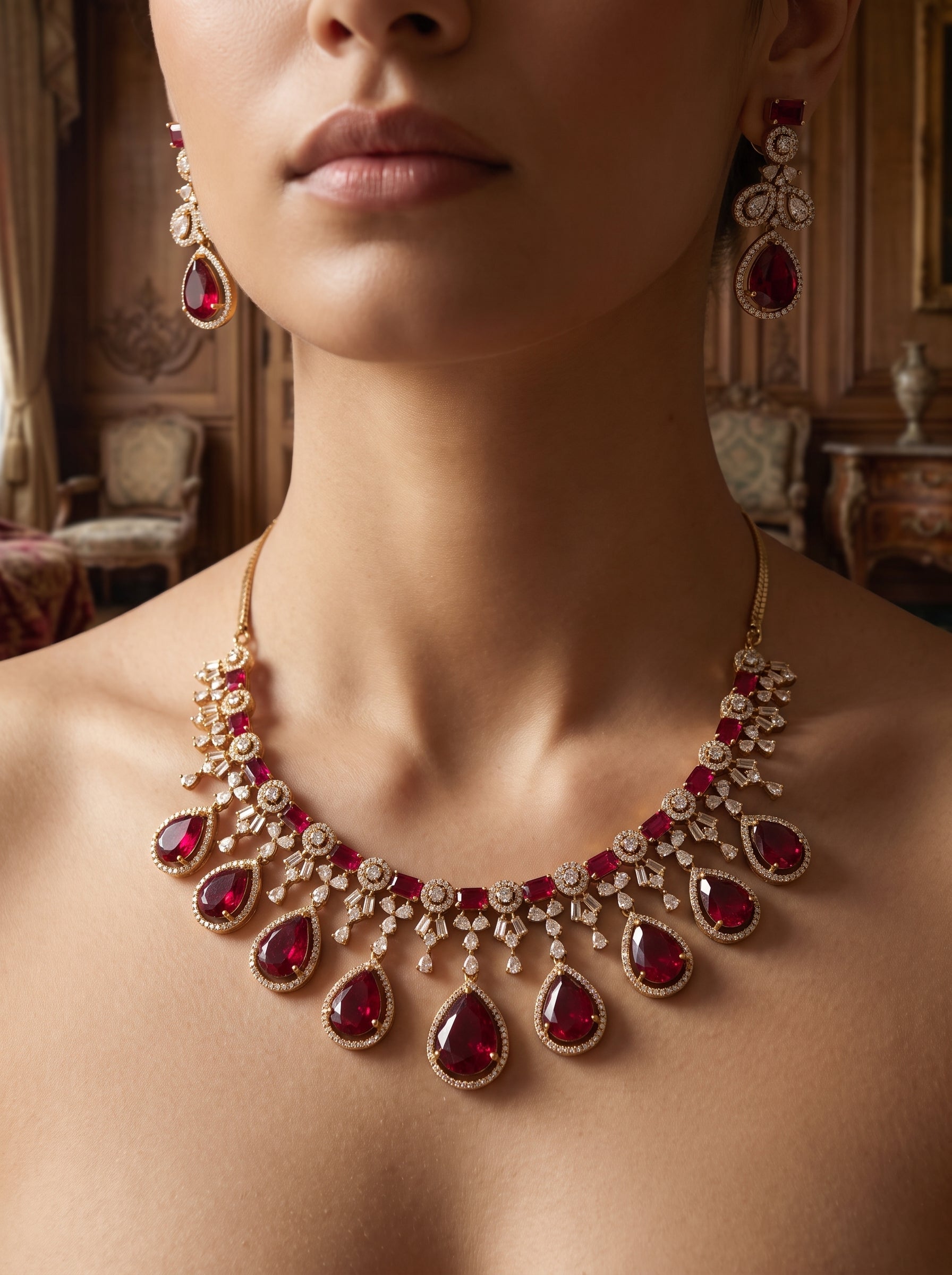 Regal CZ Teardrop Necklace Set in Ruby & Champagne | Palkhi Fashion