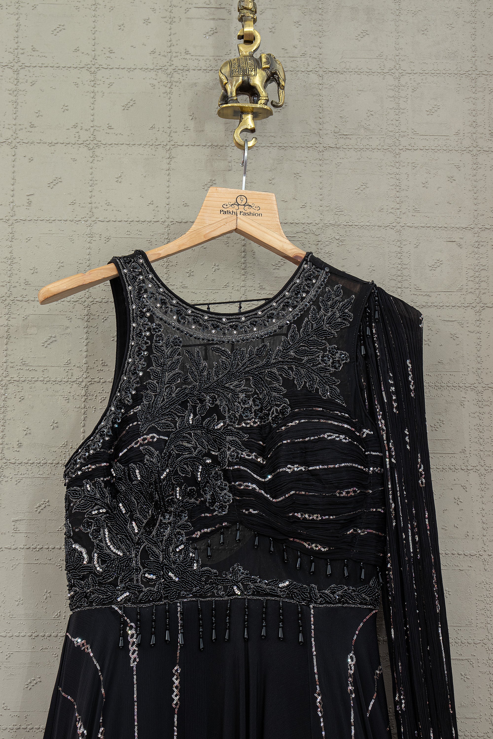 Noir Couture Drape – Black Designer Indo Western Gown – Palkhi Fashion Houston - Palkhi Fashion