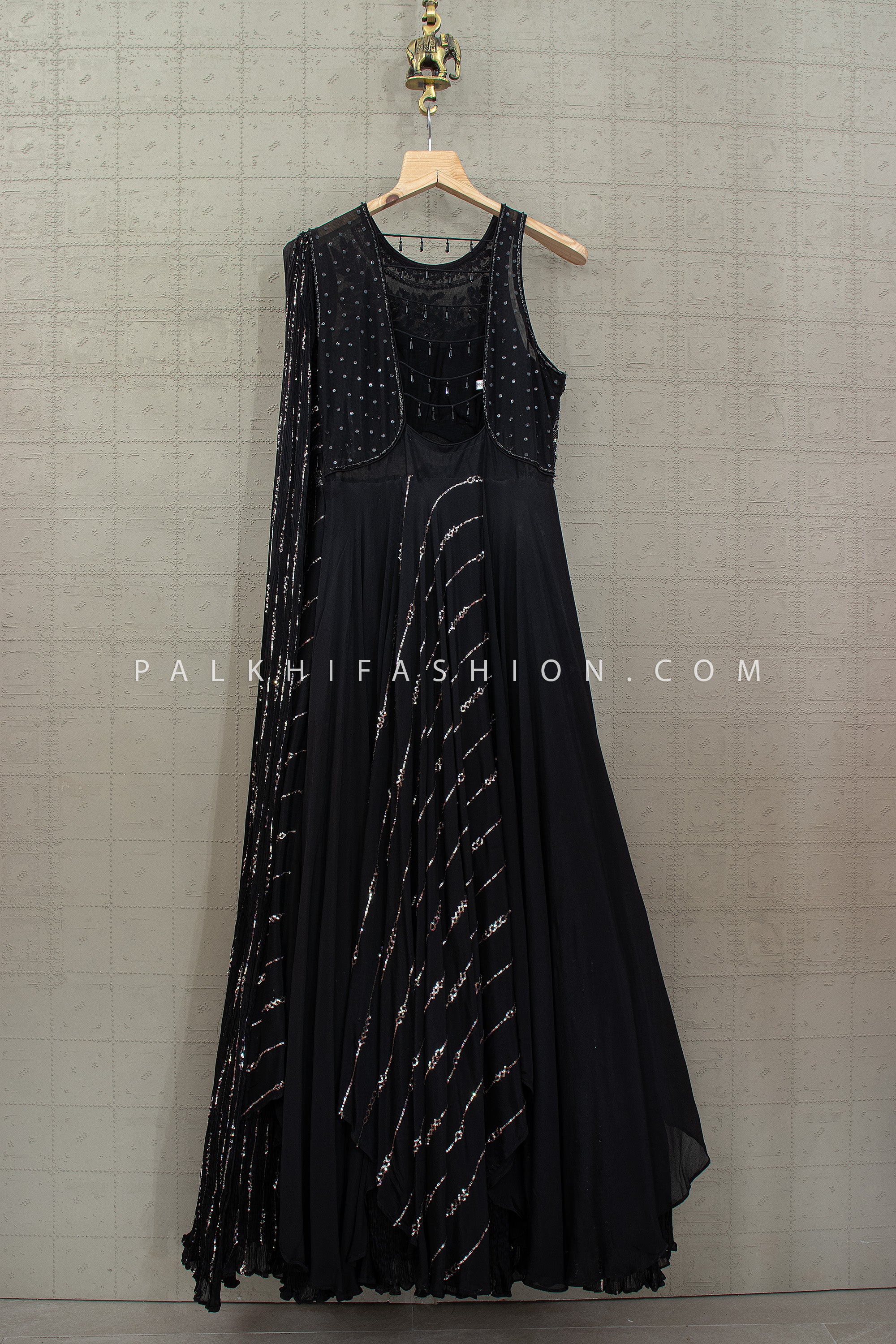 Noir Couture Drape – Black Designer Indo Western Gown – Palkhi Fashion Houston - Palkhi Fashion