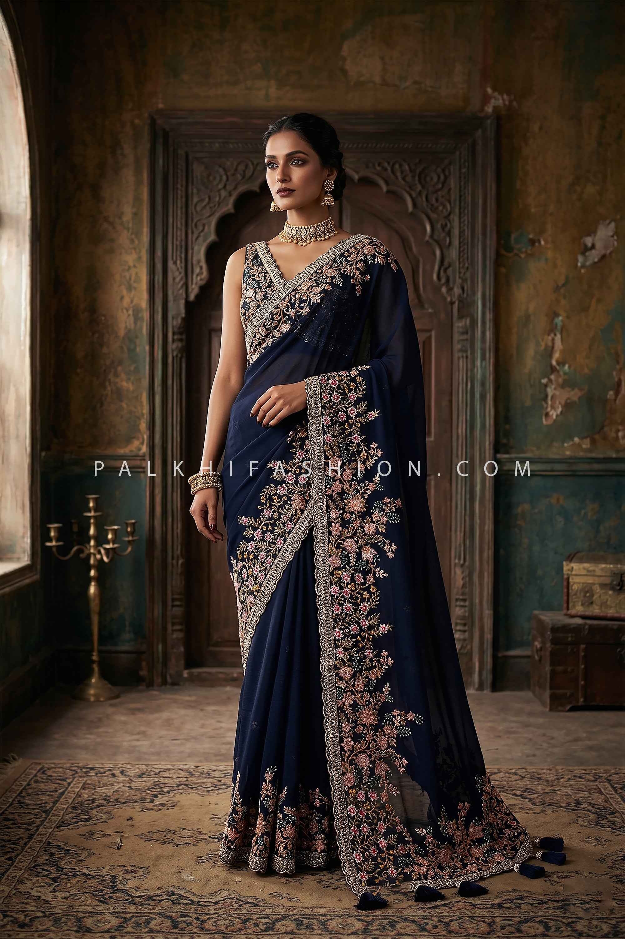 Noir Garden | Navy Couture Embroidered Designer Saree | Palkhi Fashion