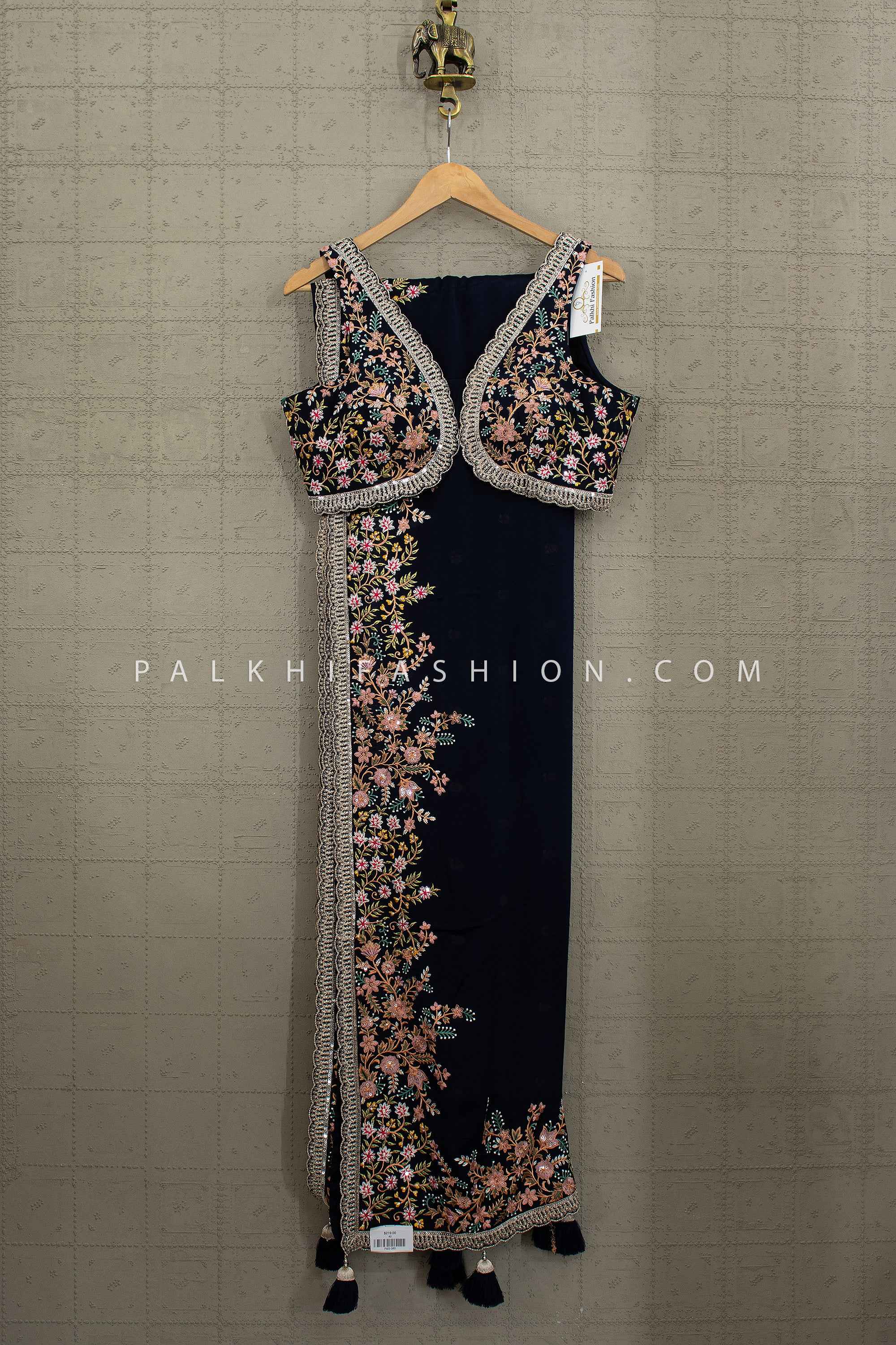 Noir Garden | Navy Couture Embroidered Designer Saree | Palkhi Fashion