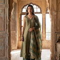 Verdant Elegance | Olive Green Tissue Silk Front-Slit Anarkali Set with Scalloped Dupatta | Palkhi Fashion