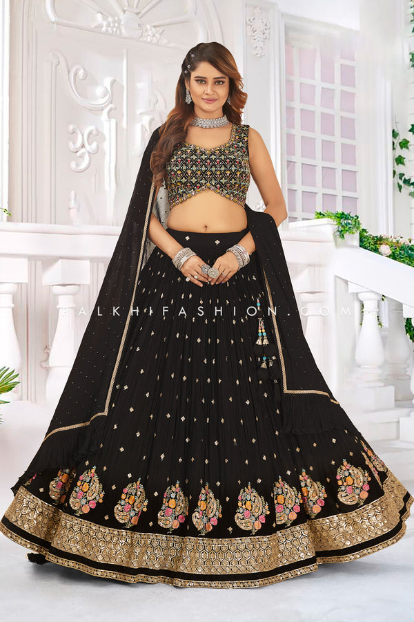 Opulent Black Silk Lehenga: Multicolor Resham and Exquisite Embellishments