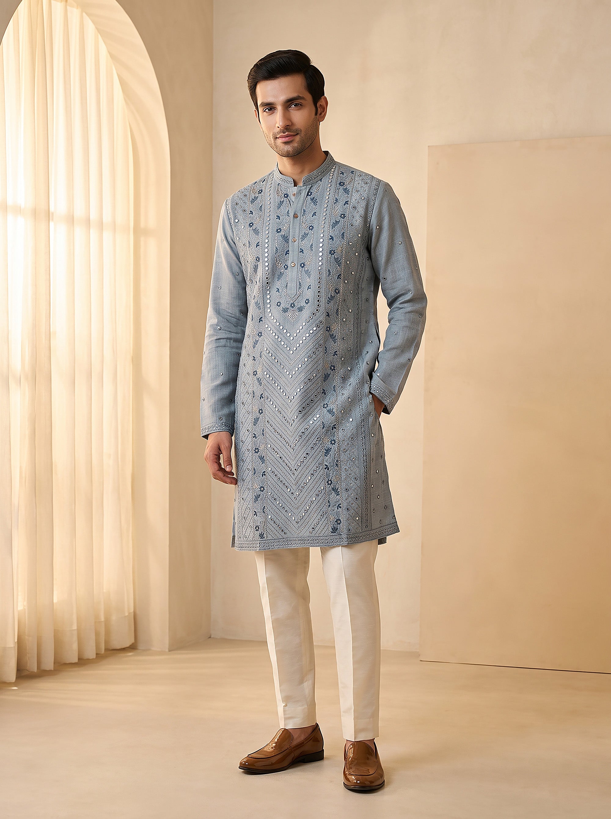 Serene Sophistication | Pastel Blue Linen Mens Kurta Set with Elegant Work | Palkhi Fashion