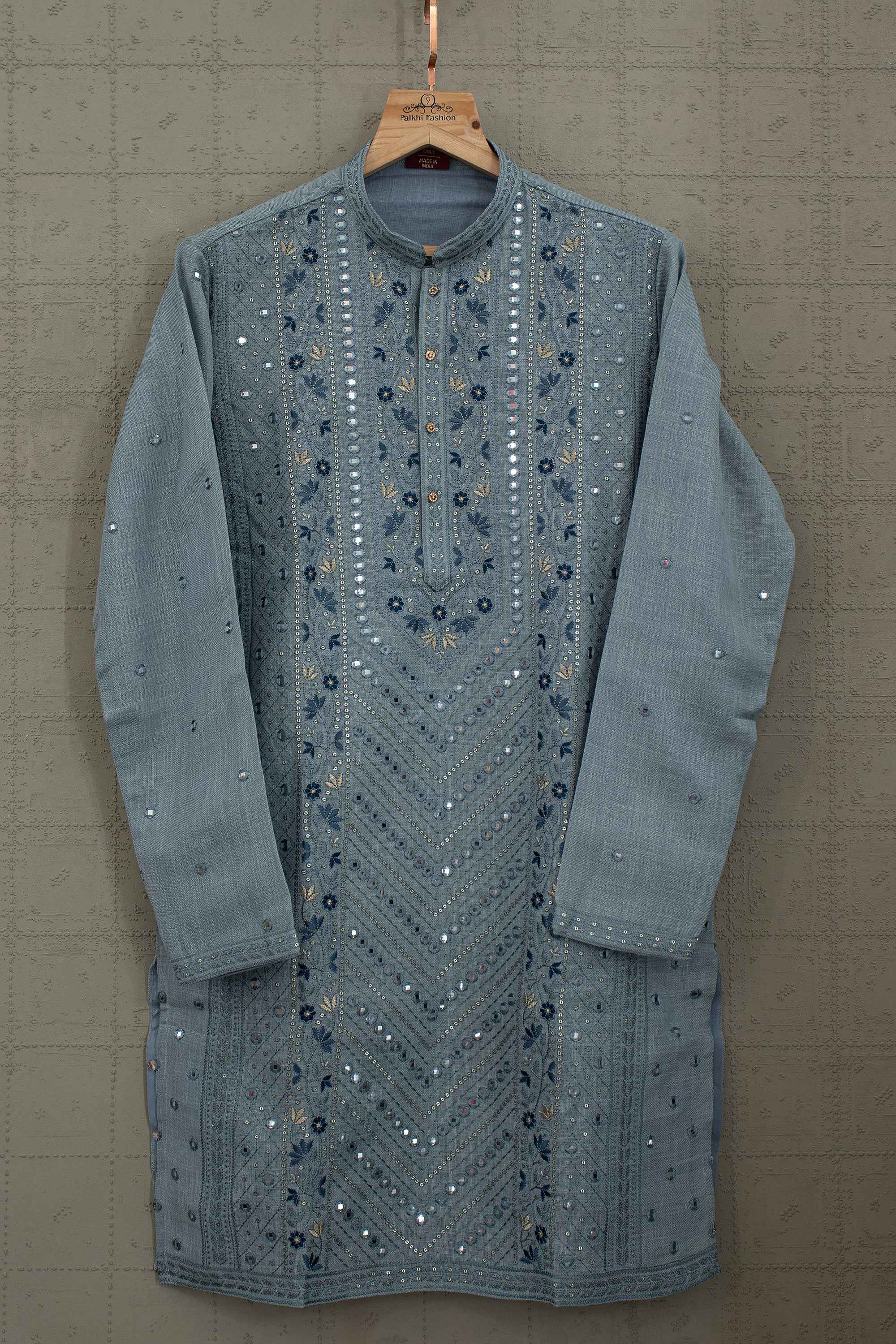Serene Sophistication | Pastel Blue Linen Mens Kurta Set with Elegant Work | Palkhi Fashion